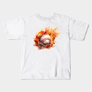 Flaming Baseball Watercolor Kids T-Shirt